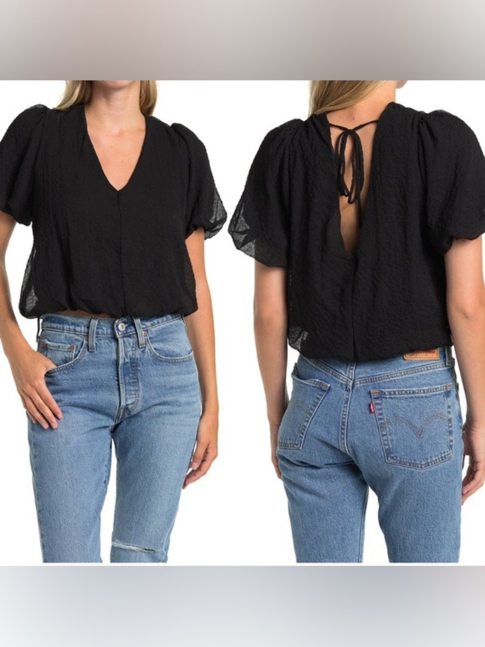 ASTR the Label bubble sleeve gauze top in black